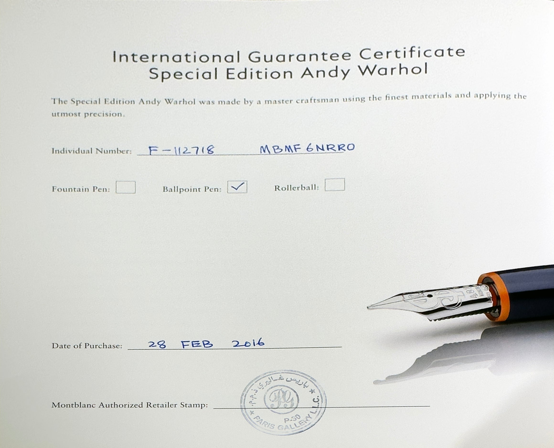 MONTBLANC "Great Characters" Andy Warhol Rollerball Ballpoint Pen